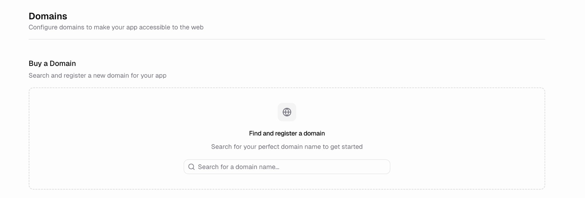 Domains page with buy a domain search