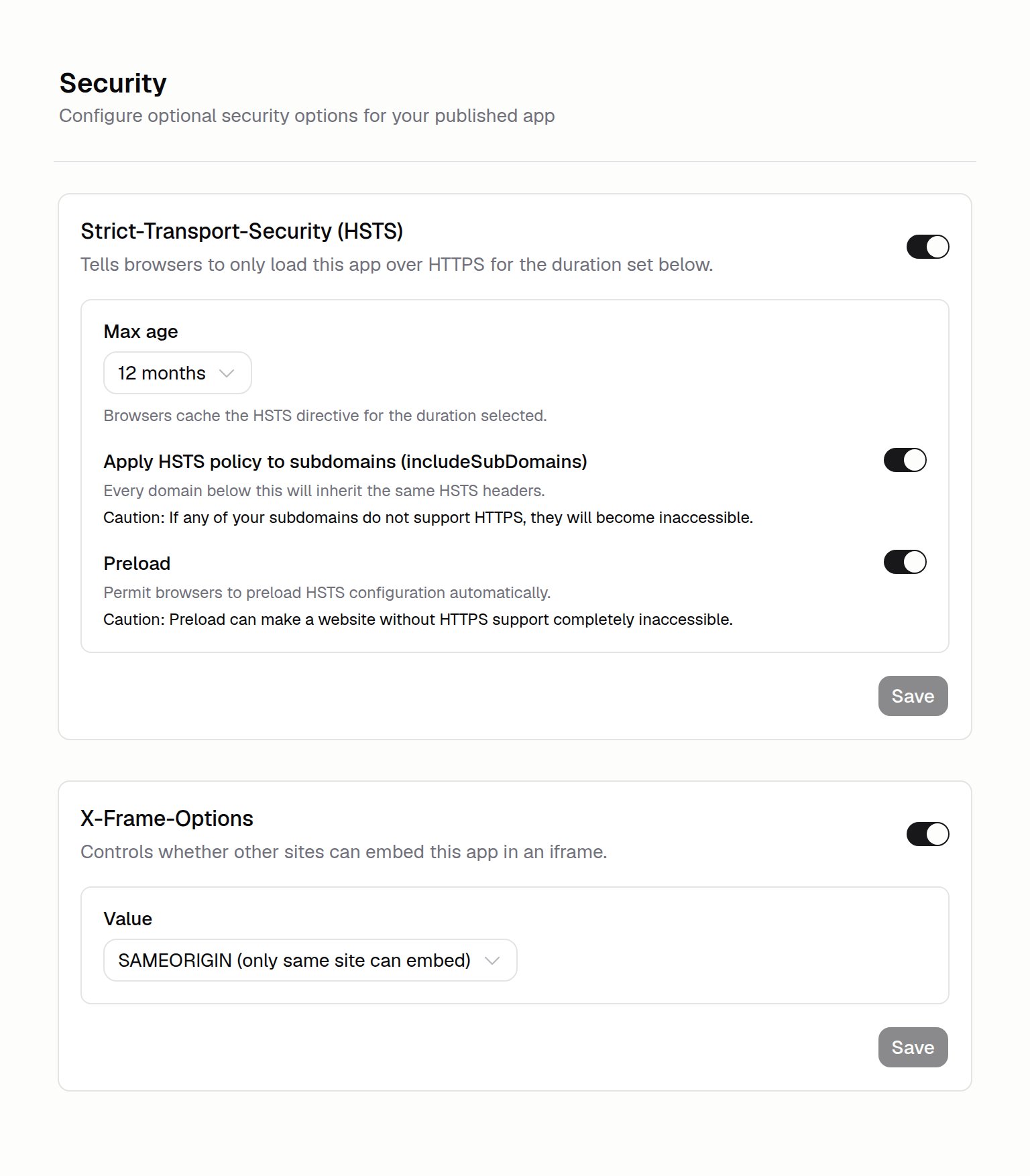 Security settings panel with HSTS and X-Frame-Options cards, each with a toggle and configuration options