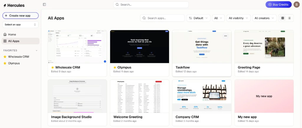 Hercules dashboard showing all apps in the organization
