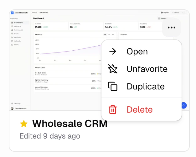 App context menu with Open, Unfavorite, Duplicate, and Delete options