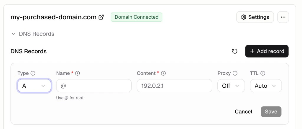 Add DNS record form with type, name, content, proxy, and TTL fields