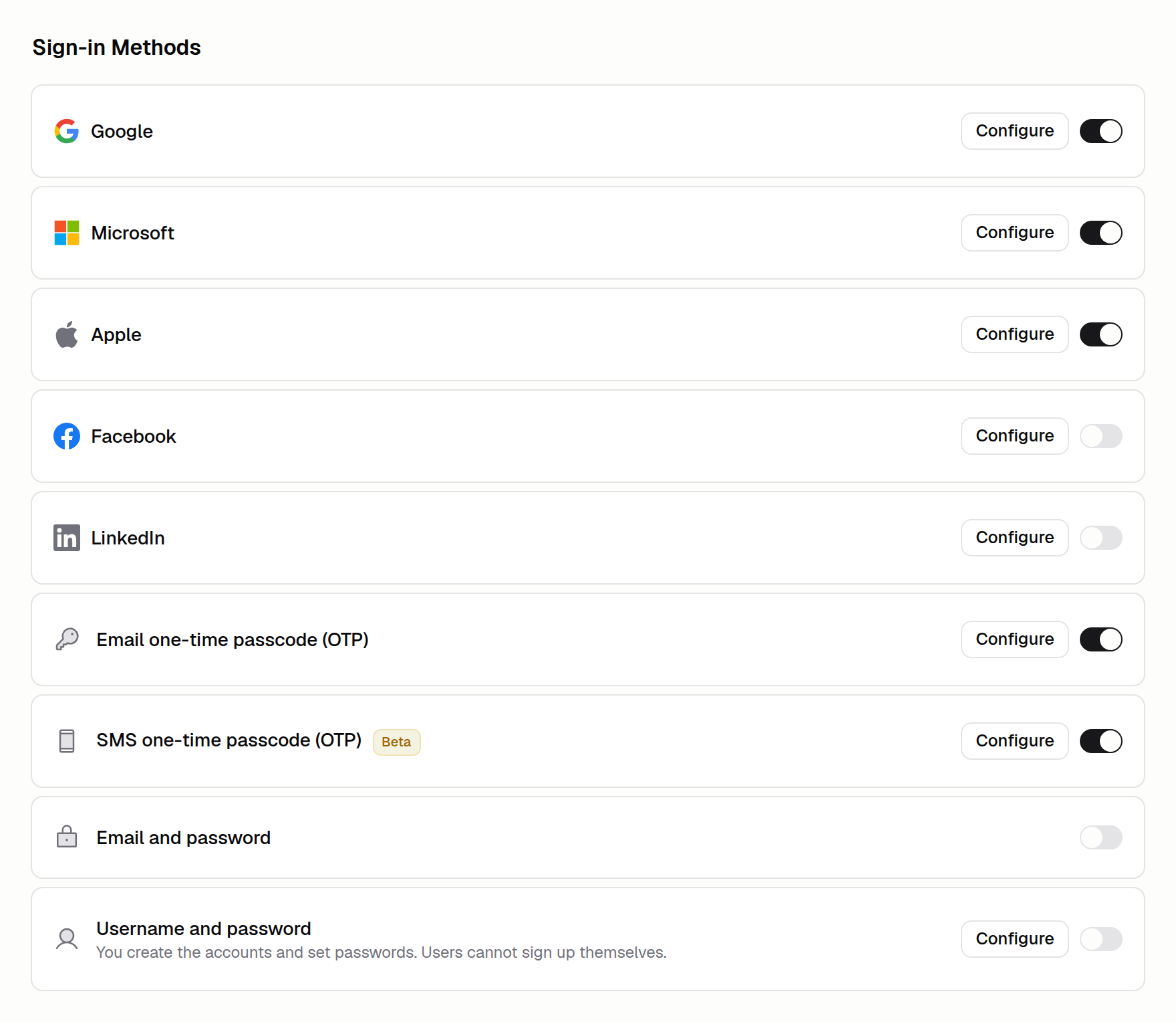 Sign-in Methods list with SMS one-time passcode turned on
