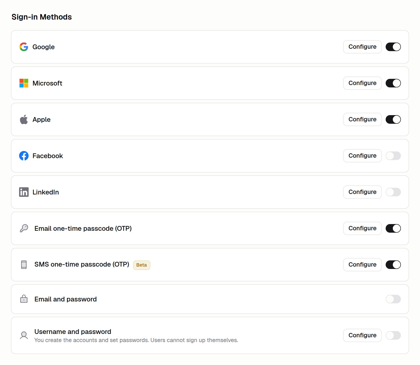 Sign-in Methods list with SMS one-time passcode turned on
