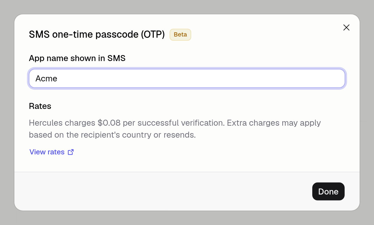 SMS one-time passcode dialog with the app name field, rates, and a View rates link