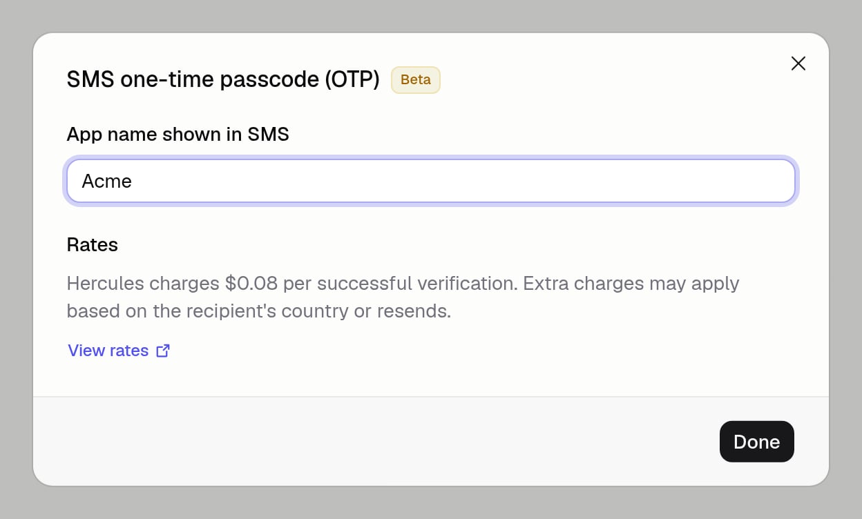 SMS one-time passcode dialog with the app name field, rates, and a View rates link