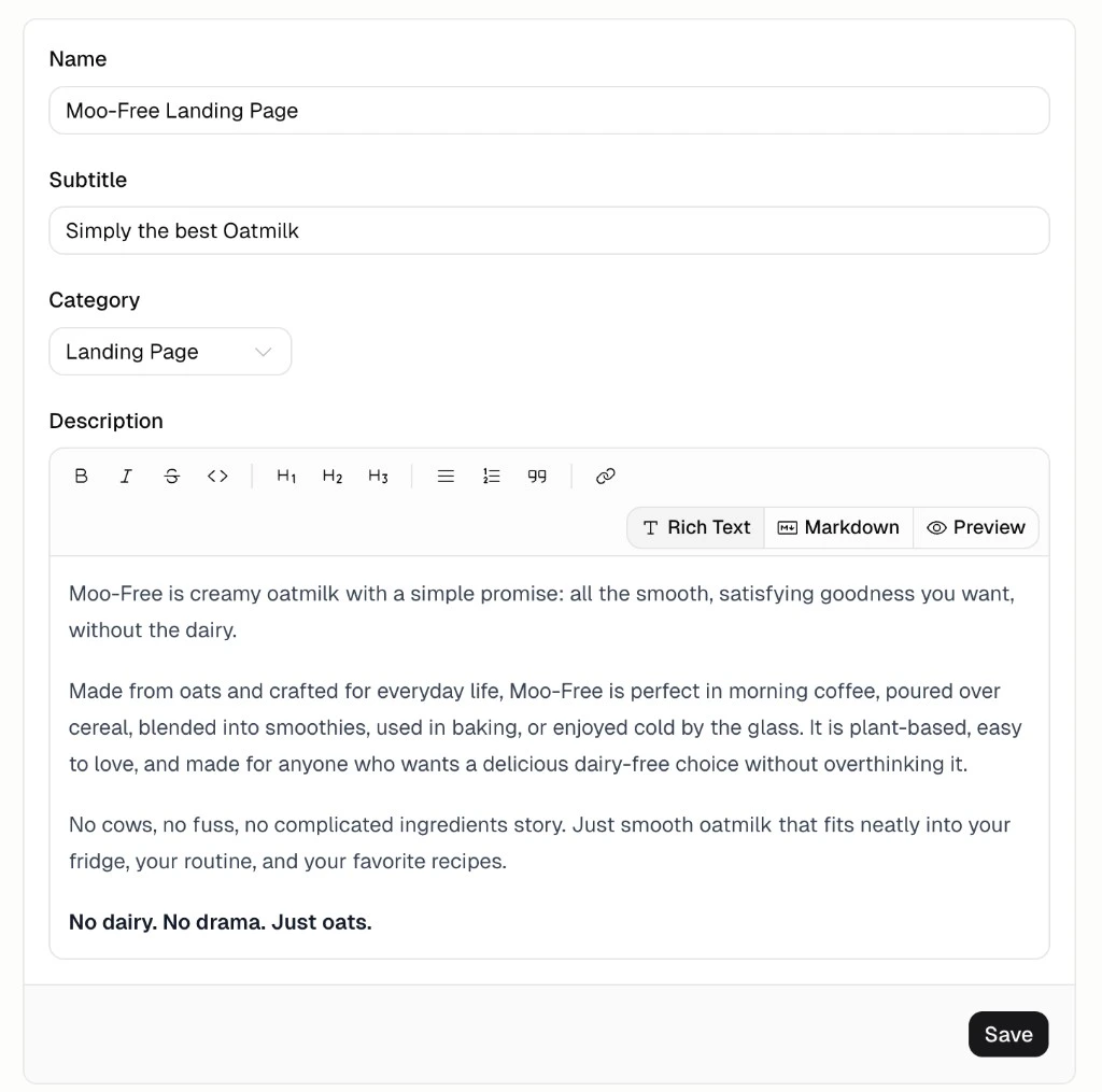 Showcase form with Name, Subtitle, Category, and Description fields