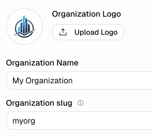 Organization General settings with Organization Logo, Name, and slug fields