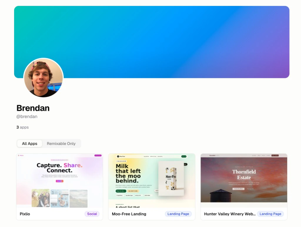 Public profile page showing org name, avatar, and published apps