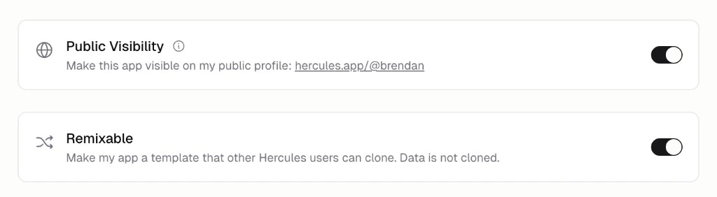 Hercules Showcase settings with Public Visibility and Remixable toggles