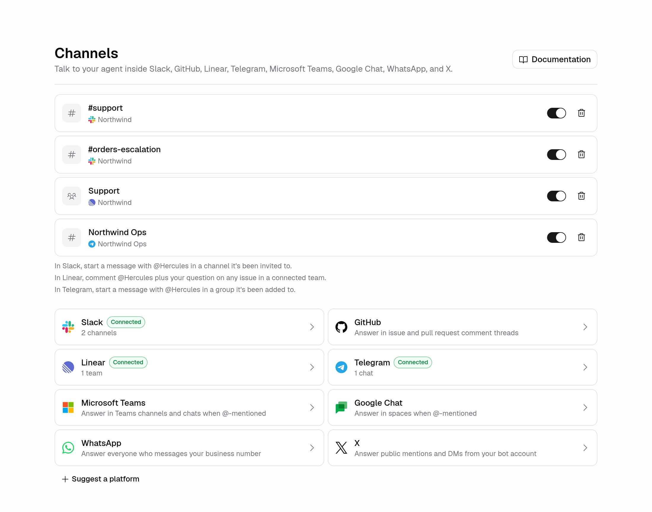 Agent channels page showing cards for Slack, GitHub, Linear, Telegram, Microsoft Teams, Google Chat, WhatsApp, and X