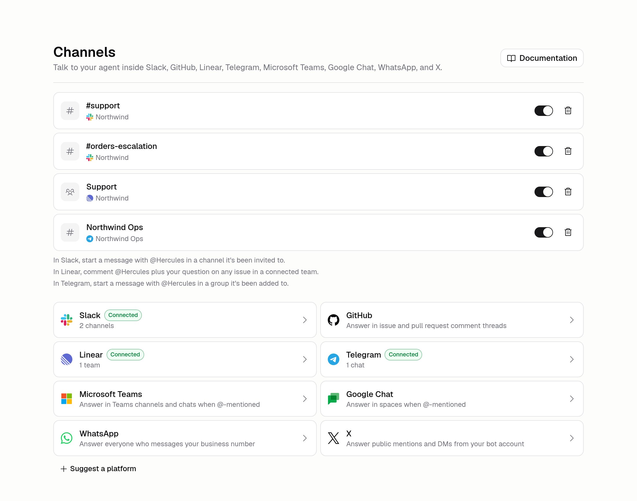 Agent channels page showing cards for Slack, GitHub, Linear, Telegram, Microsoft Teams, Google Chat, WhatsApp, and X