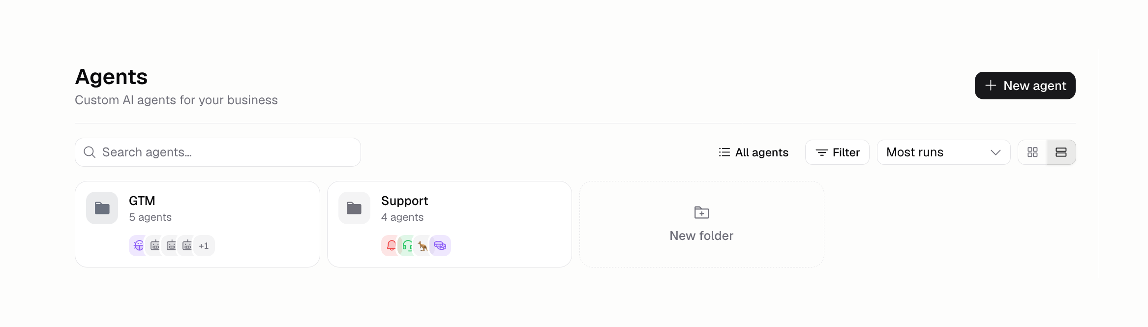 Agents list with folder tiles, search, filter, and sort controls