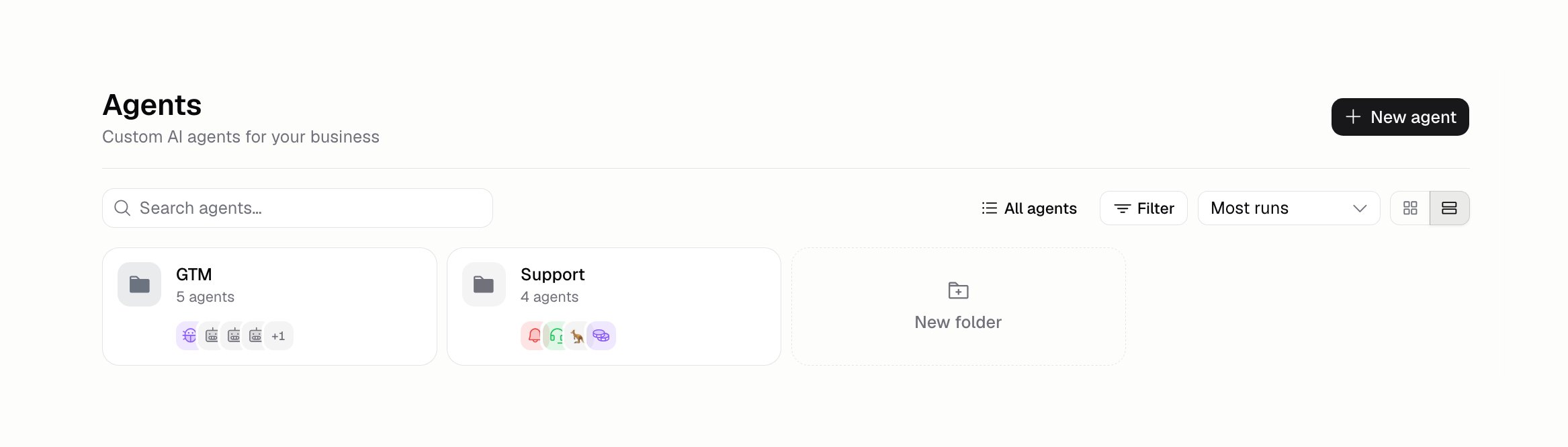 Agents list with folder tiles, search, filter, and sort controls