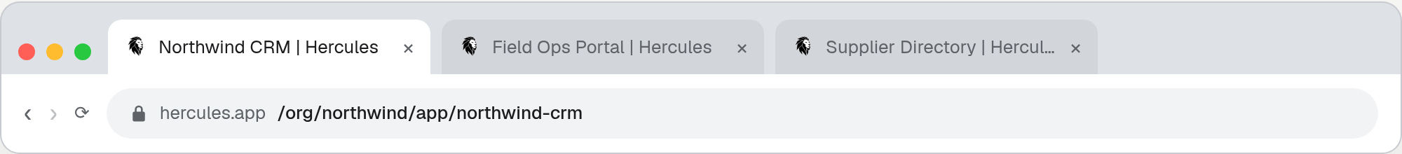 Three browser tabs named after their apps, above an address bar showing the org and app in the URL