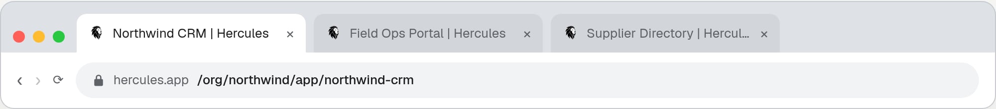 Three browser tabs named after their apps, above an address bar showing the org and app in the URL