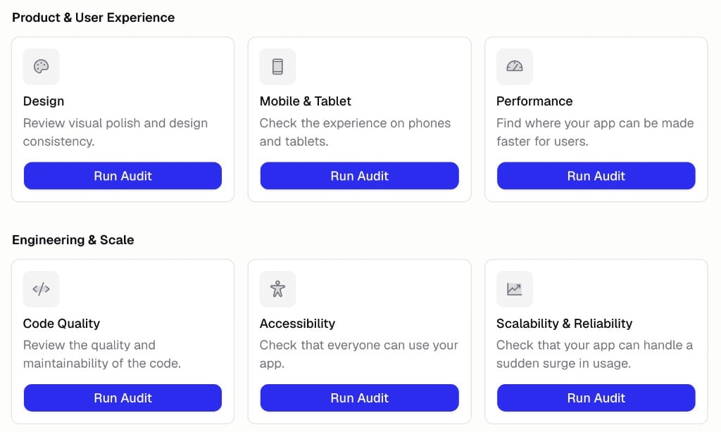 Audits tab showing audit cards grouped into categories, each with a Run Audit button