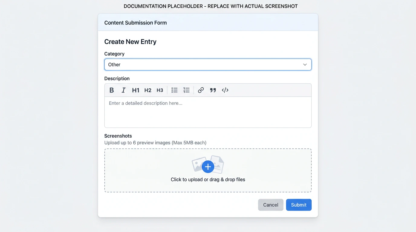 Showcase form with Category, Description, and Screenshots sections