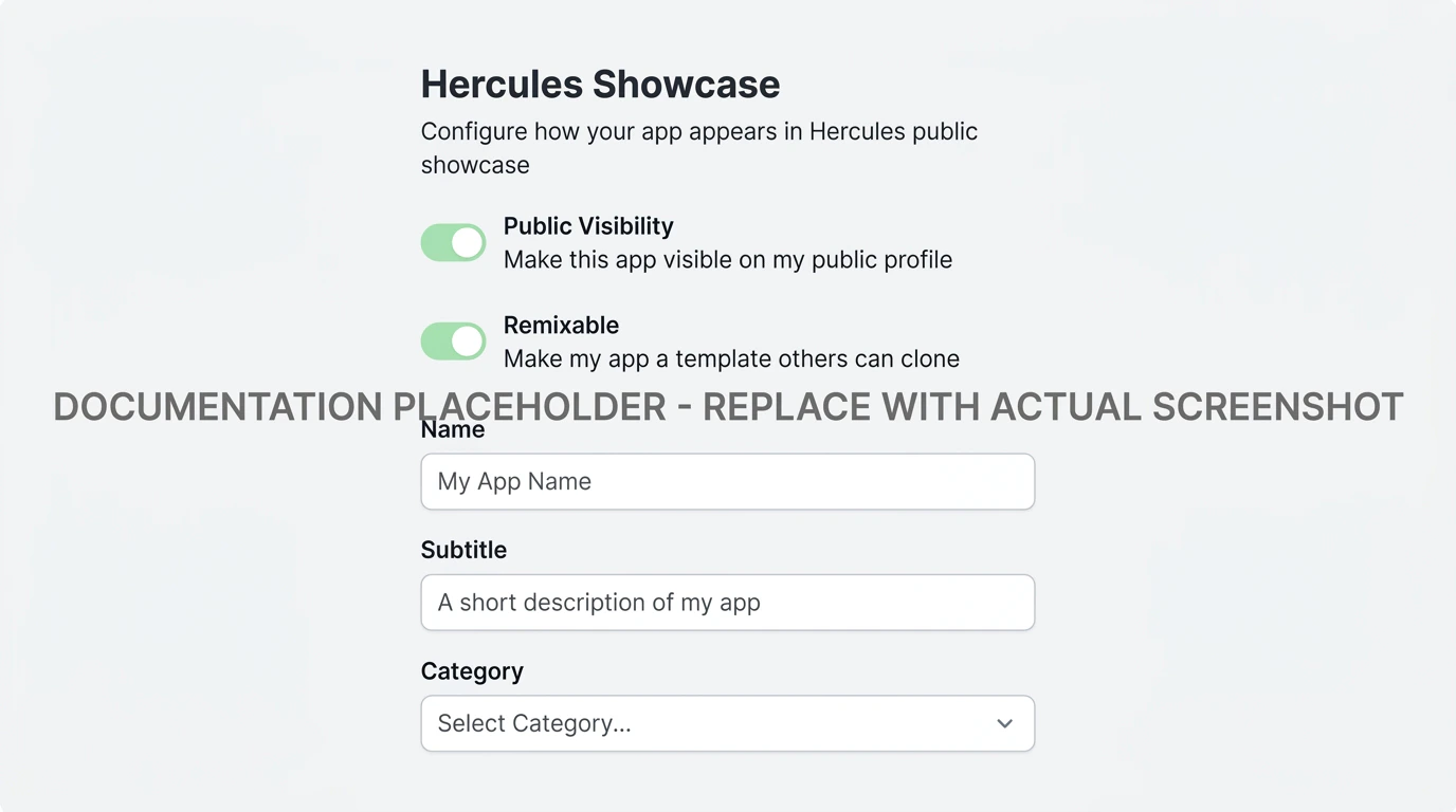 Hercules Showcase settings with Public Visibility and Remixable toggles
