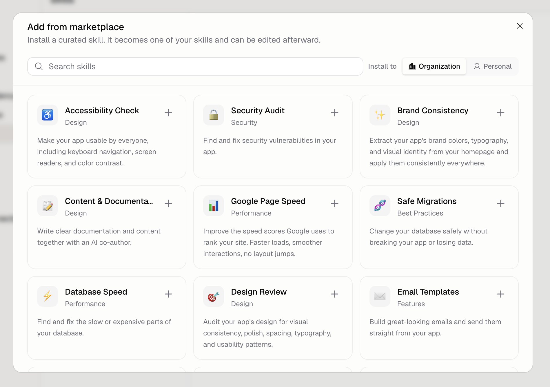 Add from marketplace dialog with a grid of curated Skill cards for accessibility, security, performance, and design, each with an add button
