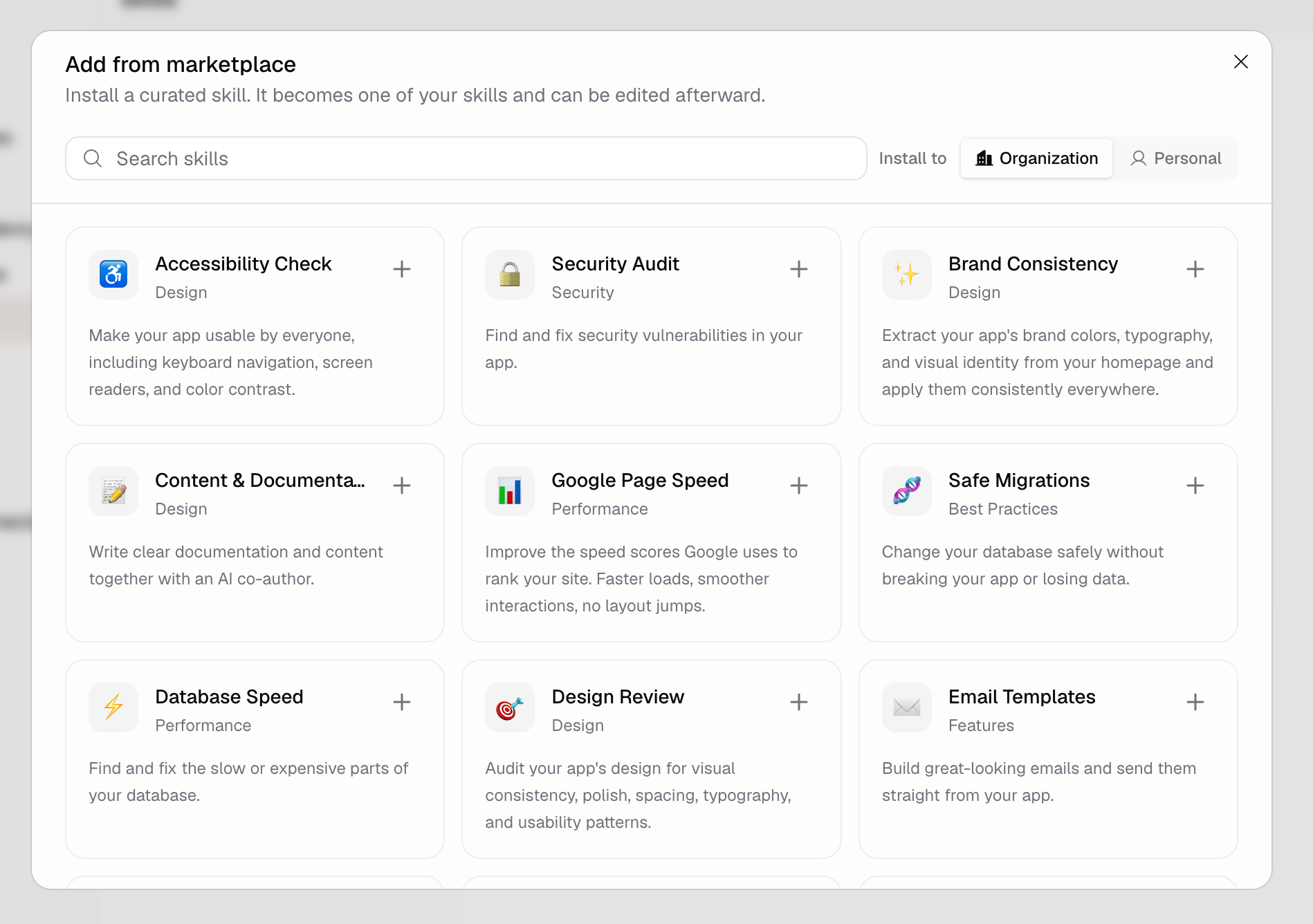 Add from marketplace dialog with a grid of curated Skill cards for accessibility, security, performance, and design, each with an add button