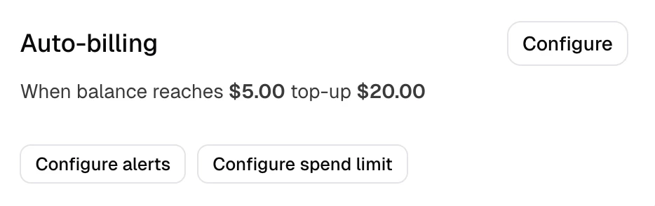 Auto top-ups dialog with fields for balance threshold and top-up amount