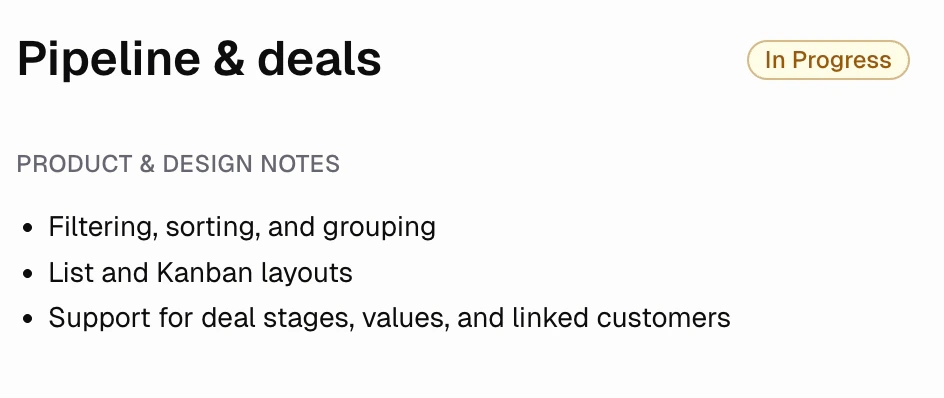 Screenshot of adding product and design notes in roadmap