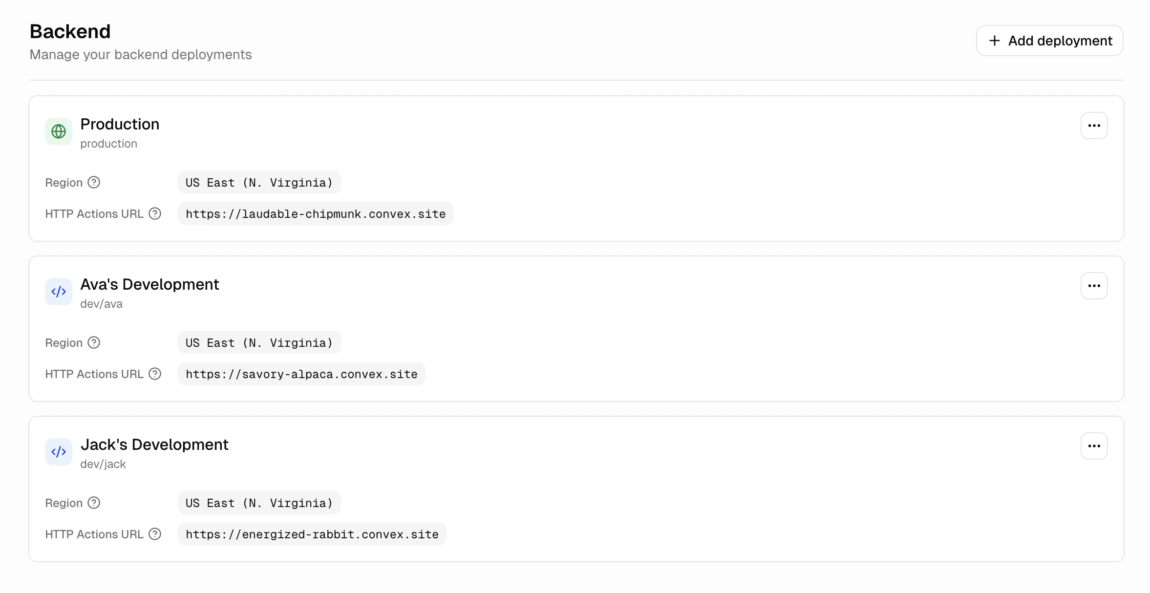 Backend screen showing production and development deployments