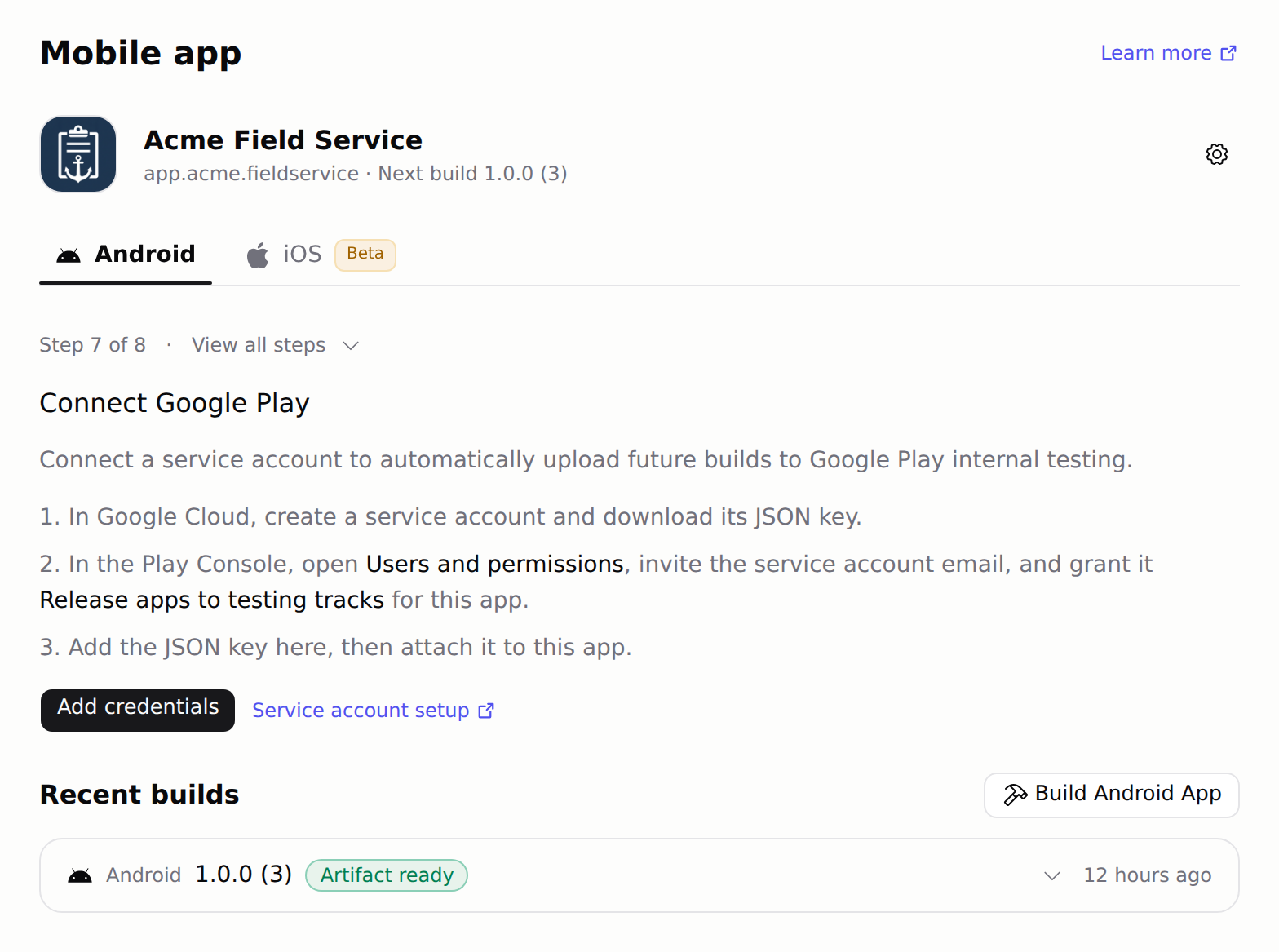 Connect Google Play step with service account instructions and the Add credentials button