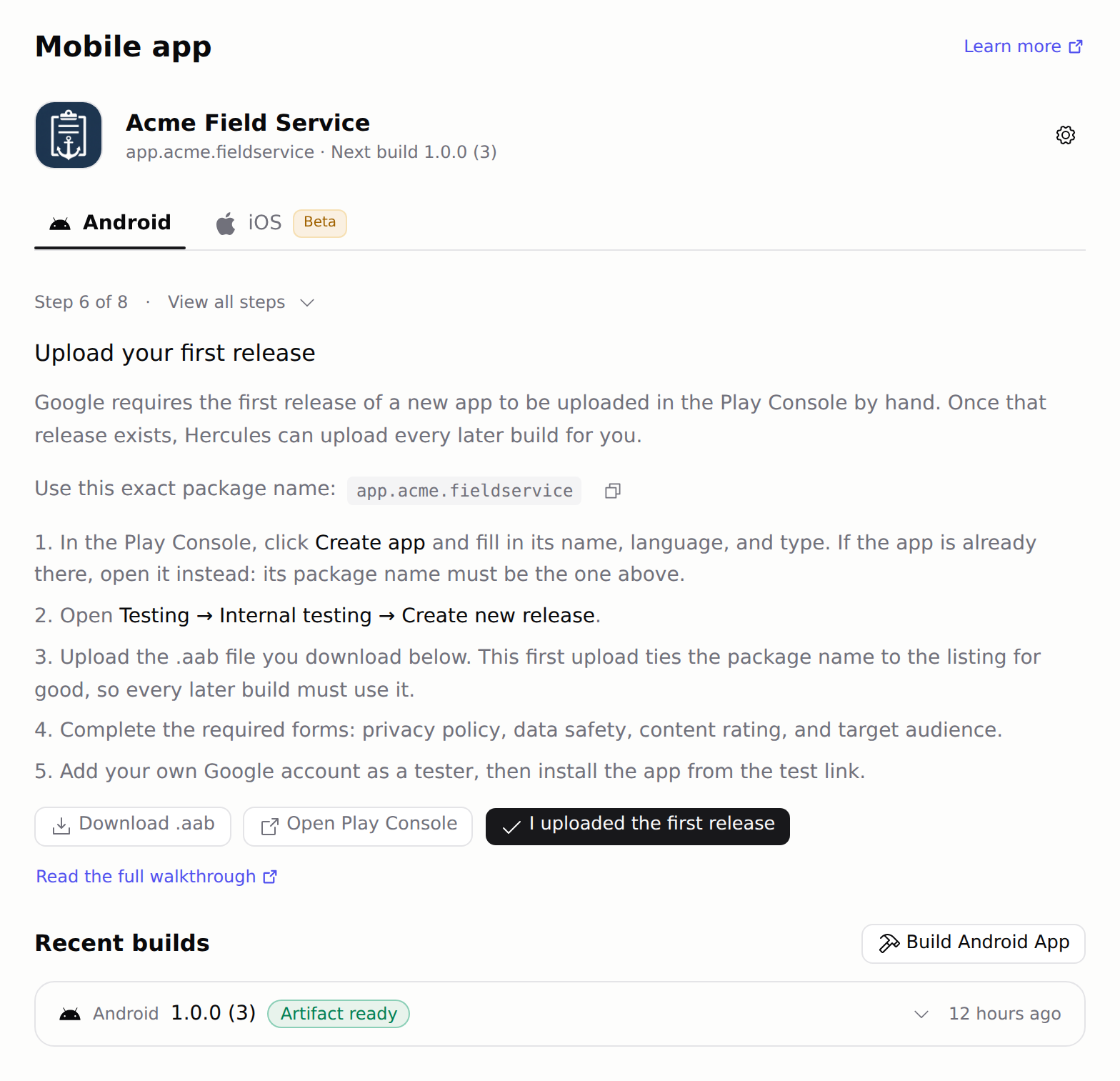 Upload your first release step with the package name, Play Console instructions, and the Download .aab button
