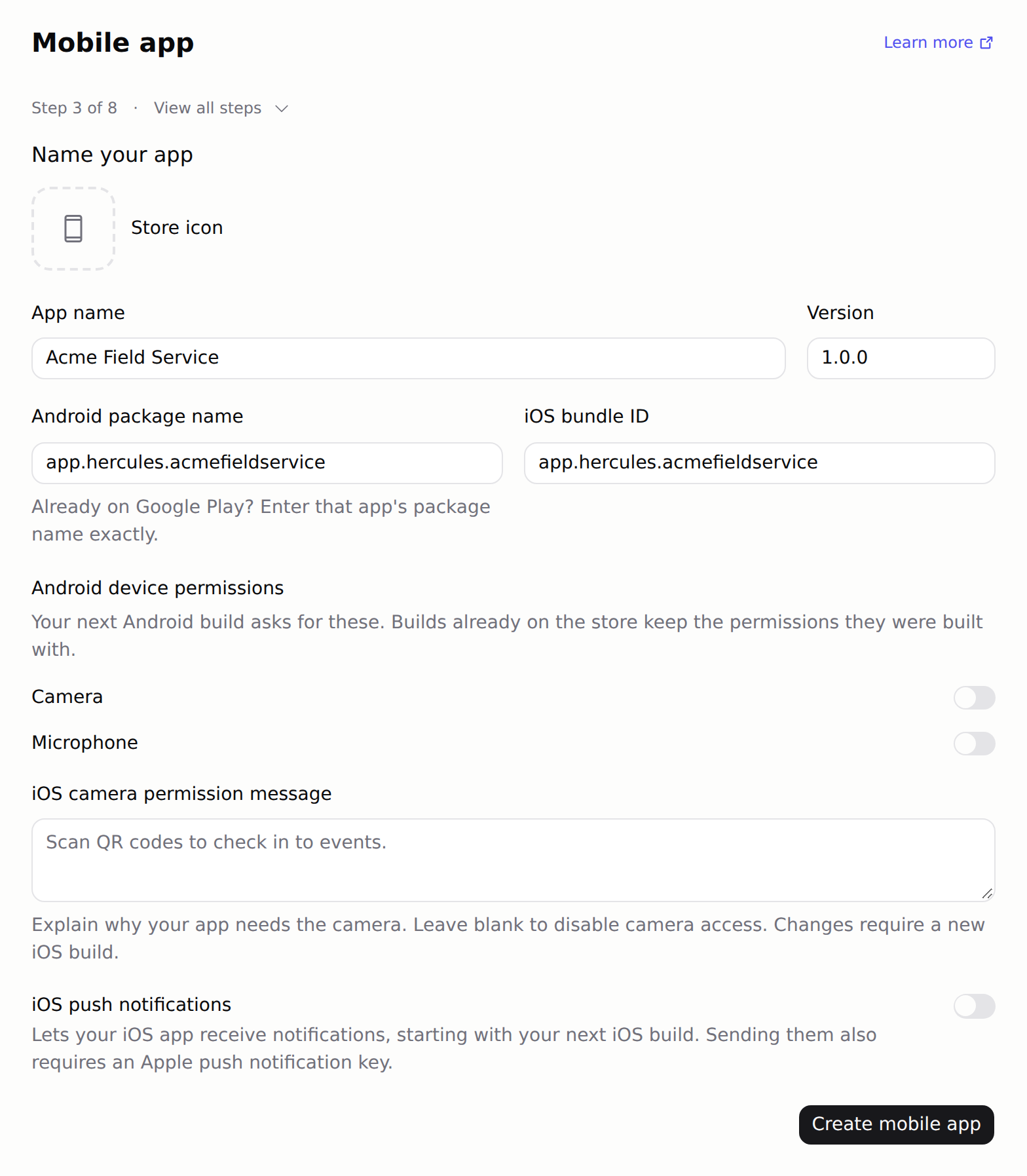 Build your app step with store icon, app name, version, package name, and device permission fields