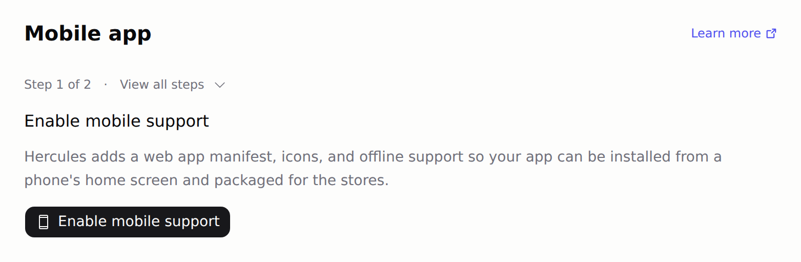 Mobile tab with the Enable mobile support button