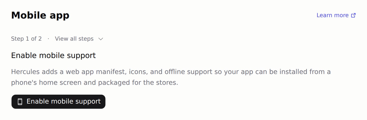 Mobile tab with the Enable mobile support button