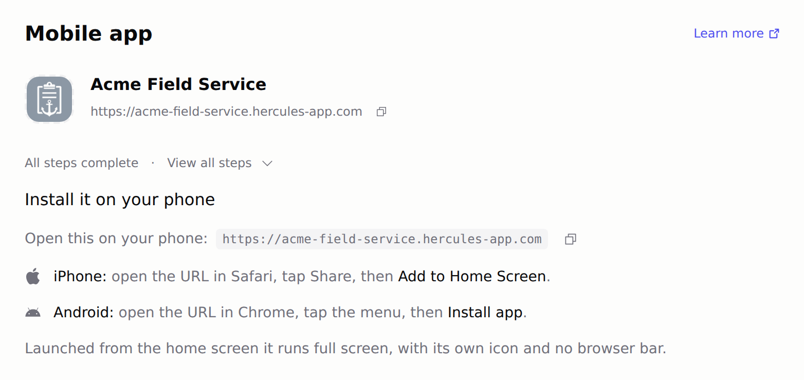 Install it on your phone step showing the app URL with a copy button and install instructions