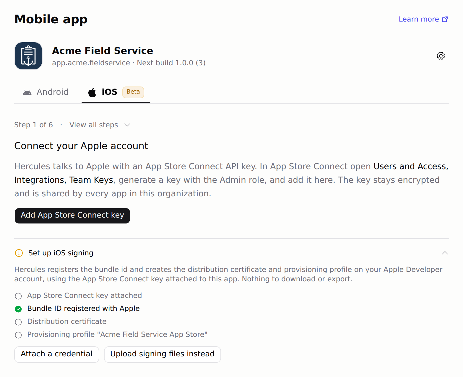 Connect your Apple account step with the Add App Store Connect key button and the iOS signing checklist