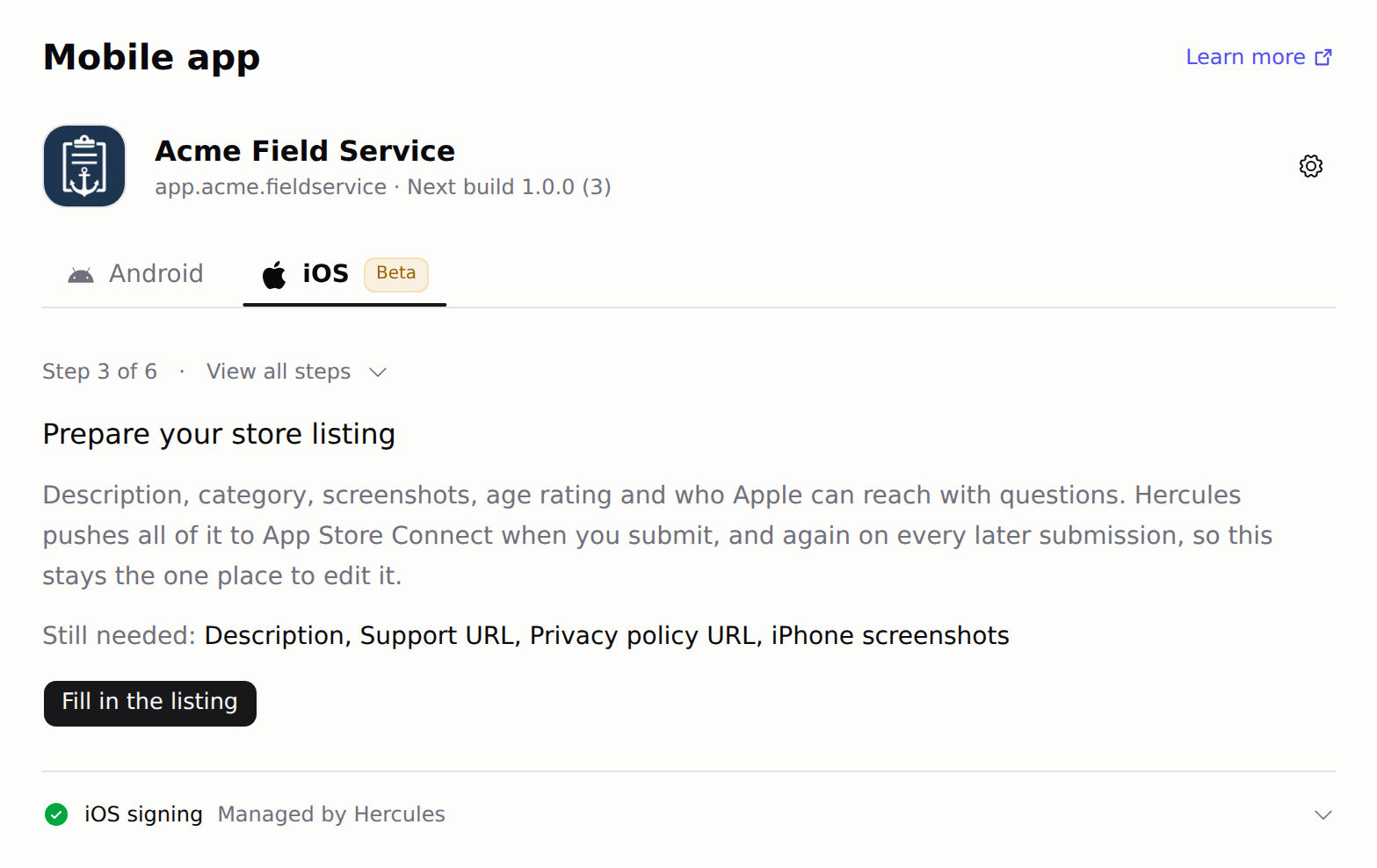 Prepare your store listing step with the Fill in the listing button