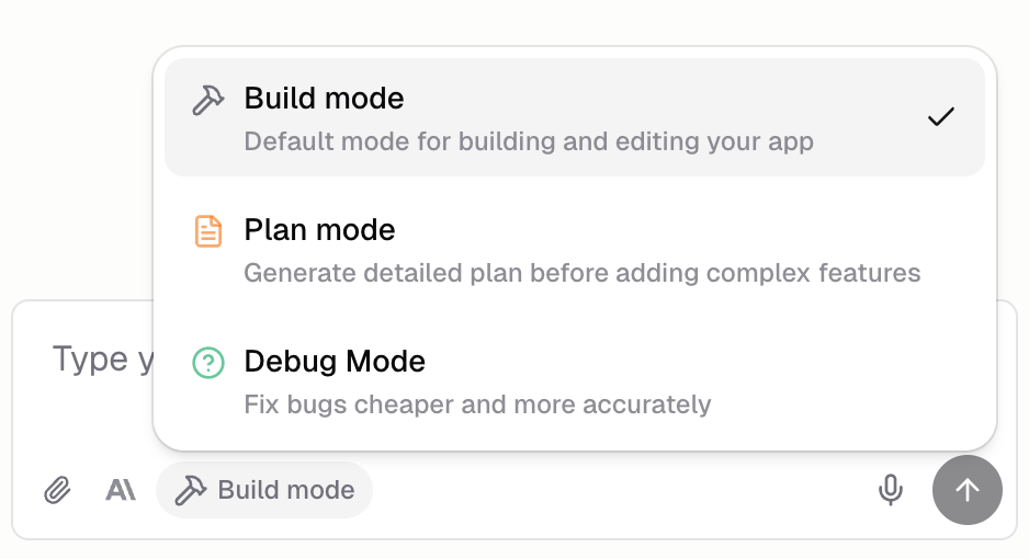 Agent mode selector showing Build, Plan, and Debug modes
