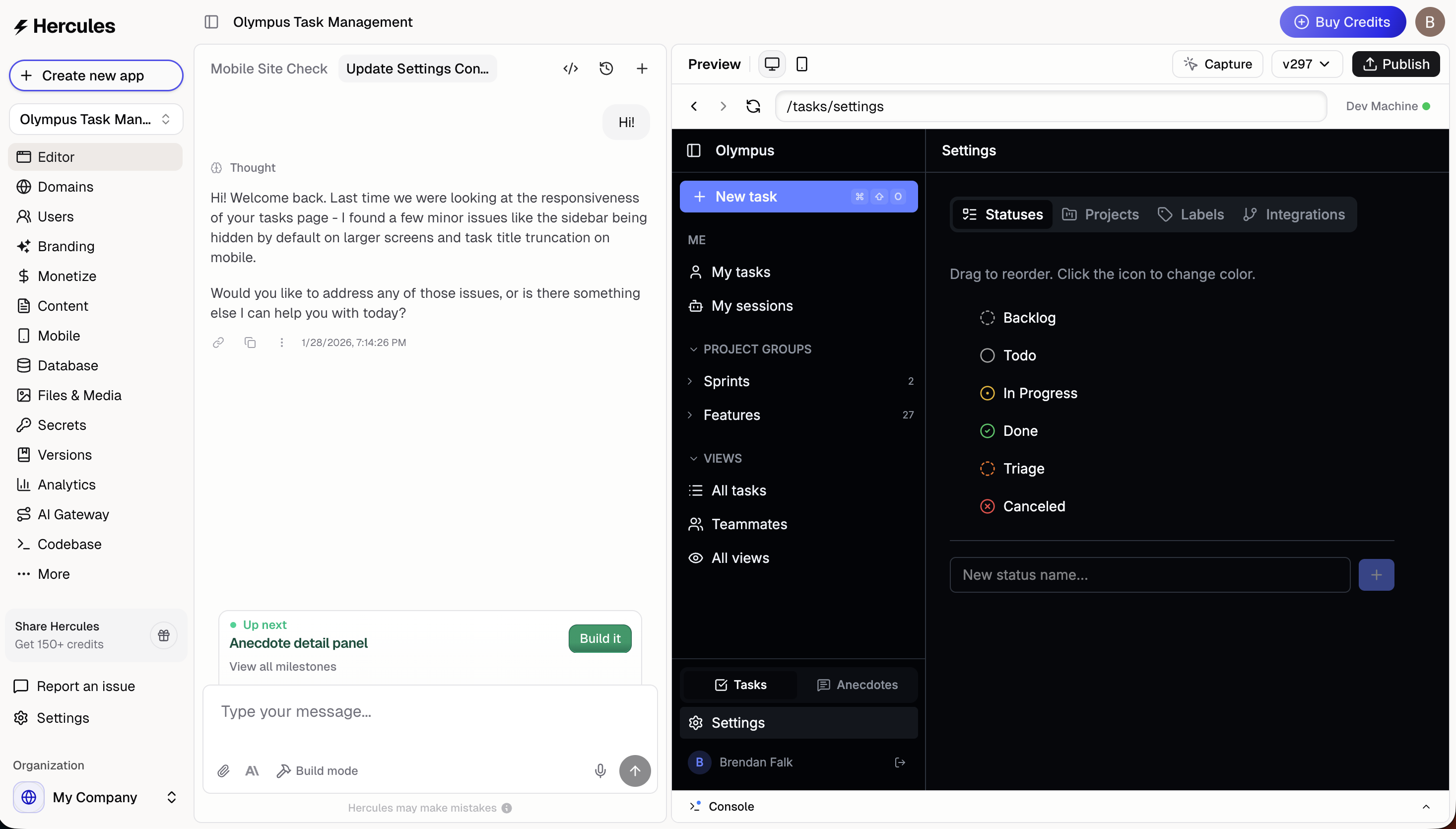 Hercules app editor with AI chat