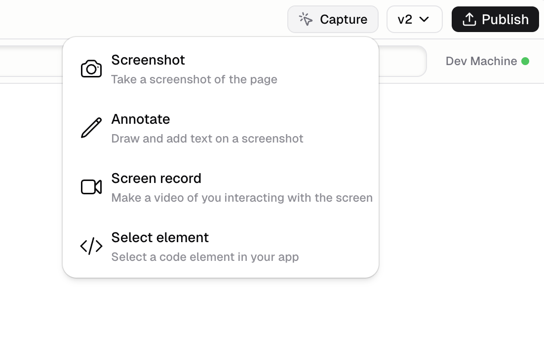 Capture tools menu showing screenshot, annotate, screen record, and select element options