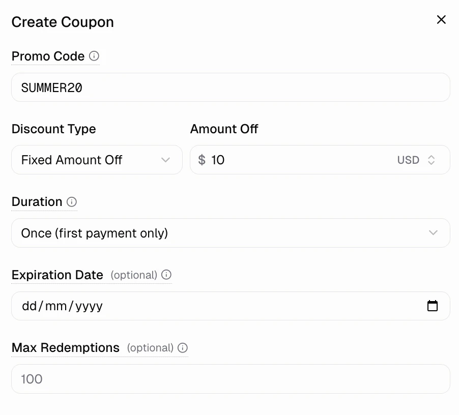 Create coupon form with code, discount type, value, and restrictions