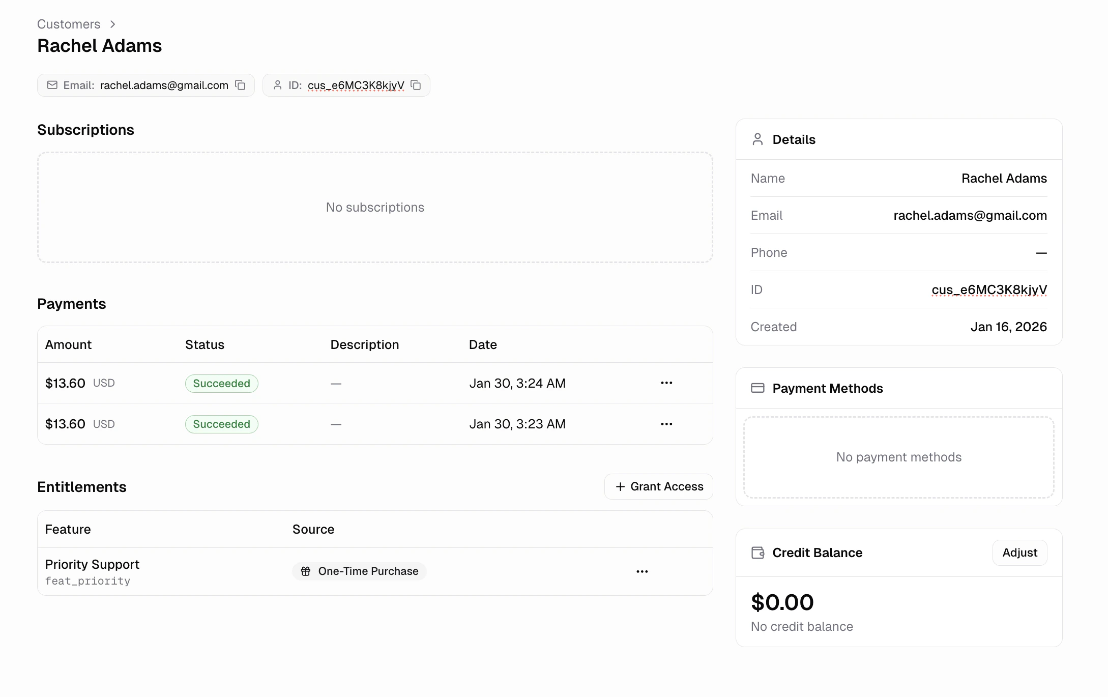 Individual customer profile with purchase history and entitlements