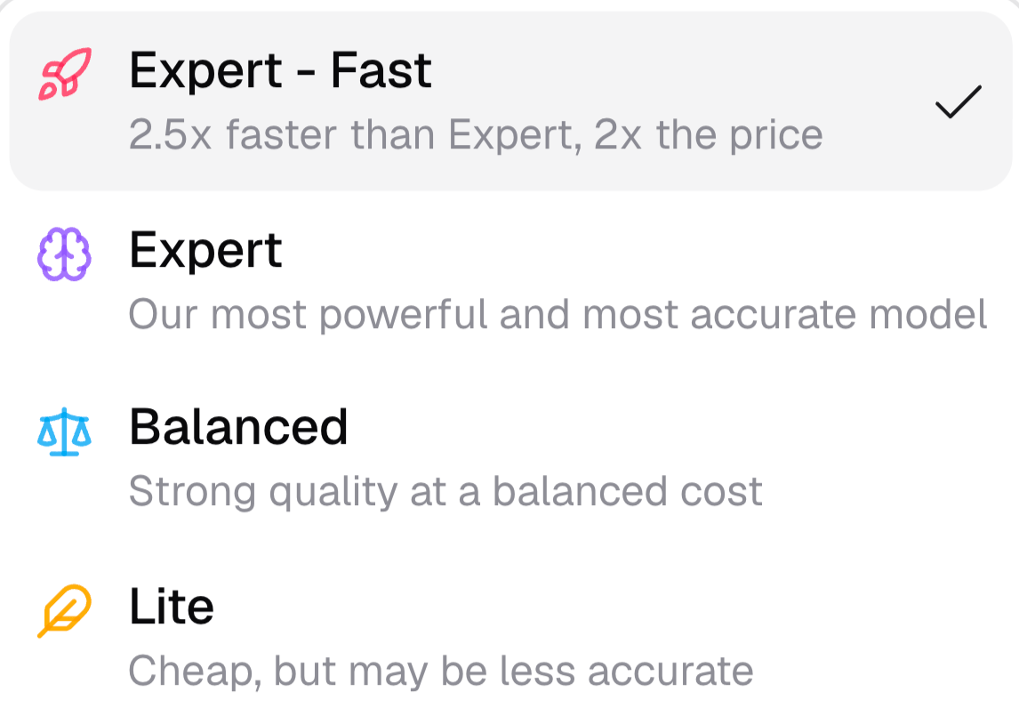 Model selector showing Expert - Fast, Expert, Balanced, and Lite options
