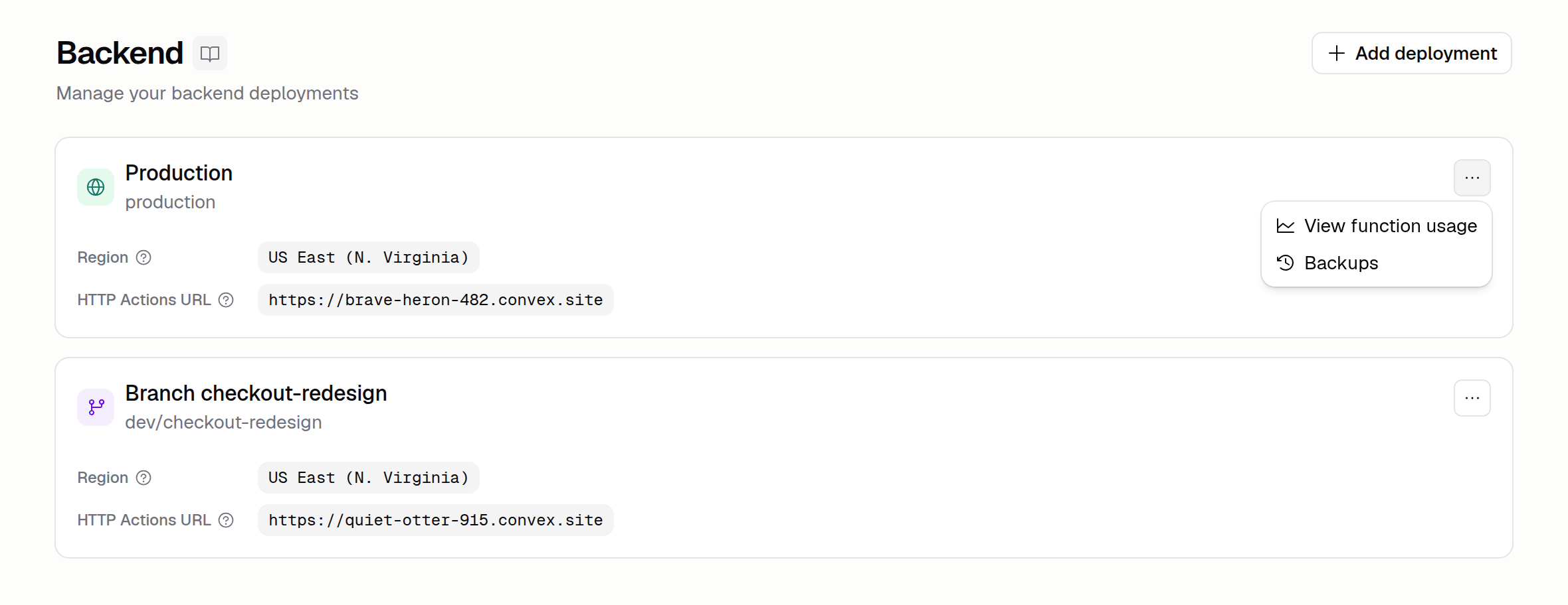 Backend tab showing production and branch deployments, with the deployment menu open on View function usage and Backups