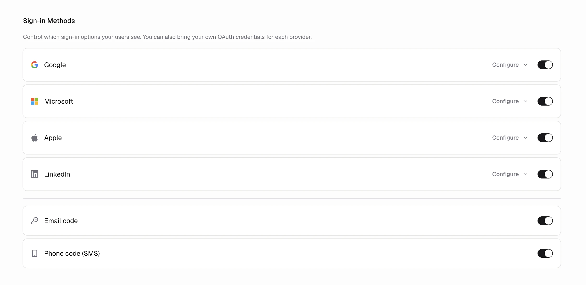Login method toggle settings