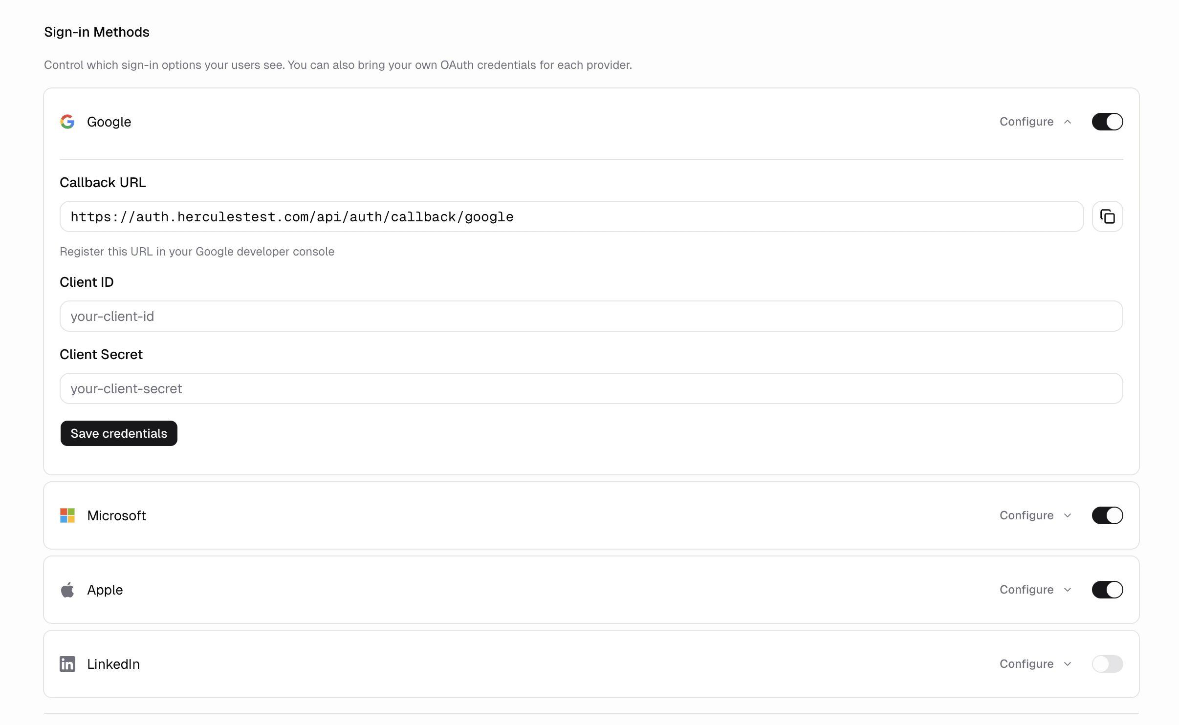 Custom OAuth credentials form