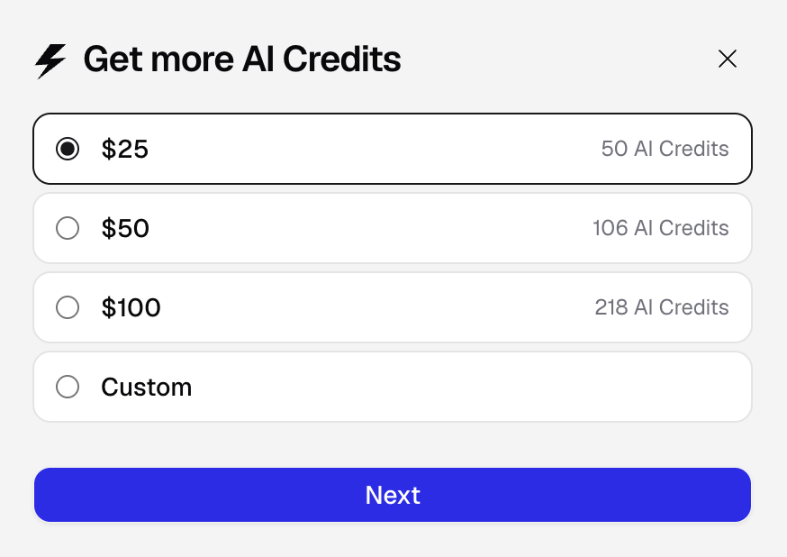 Add-on AI credit amount selector