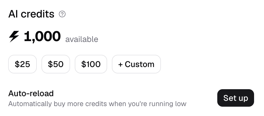 AI credits panel with auto-reload set up option
