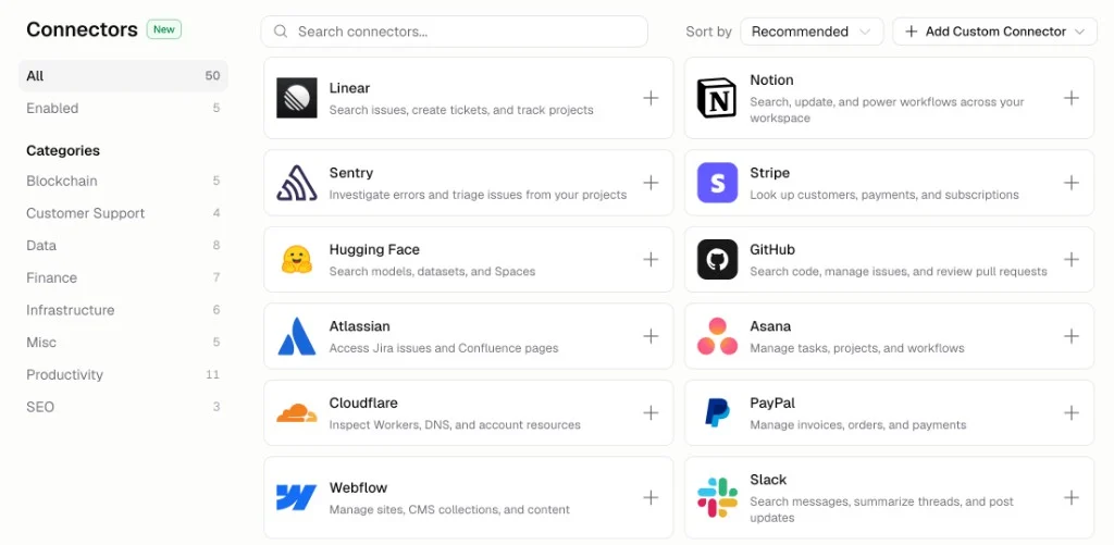 Chat Connectors catalog showing connectors like Linear, Notion, Sentry, Stripe, GitHub, and Slack with categories and an Add Custom Connector button