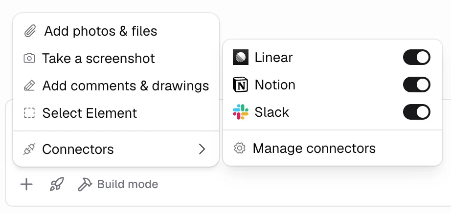 Chat input menu with Connectors expanded, showing toggles for Linear, Notion, and Slack