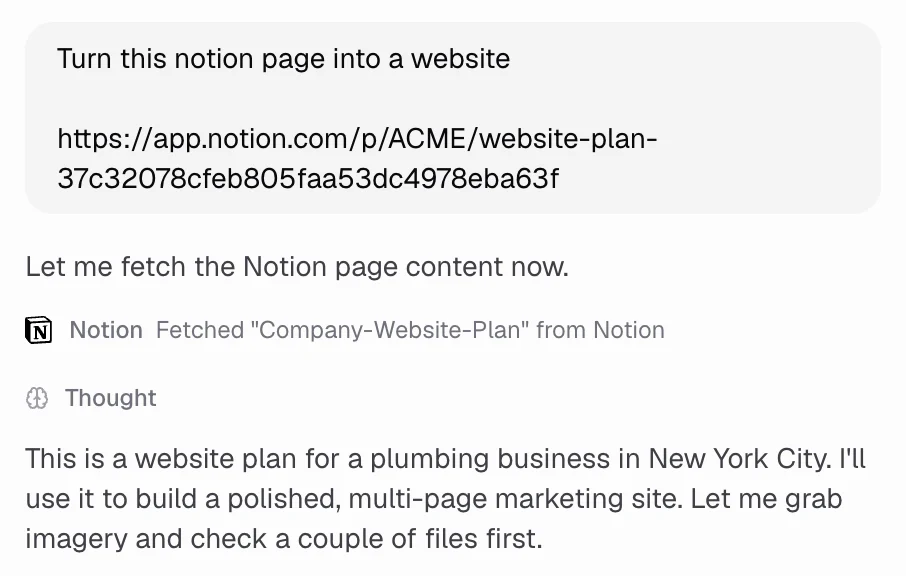 Hercules fetching a Notion page through the Notion connector and reading its content to build a website