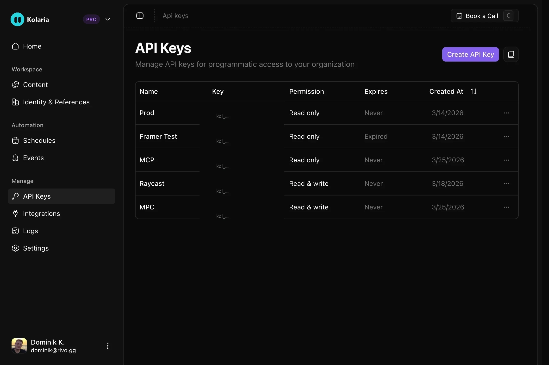 API Keys page, create a read-only key for Framer